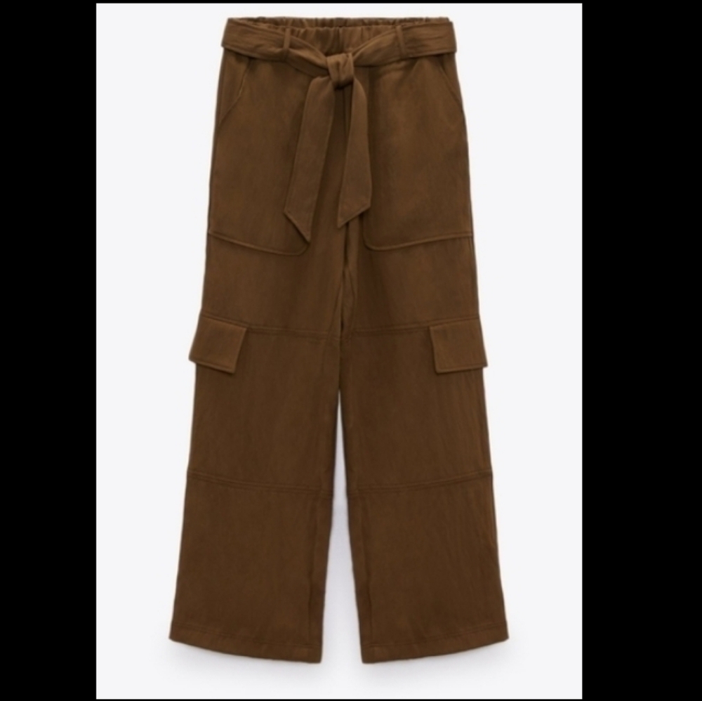 Zara cargo Flowy pants With Elastic Waistband Self Tie Belt Sz-M